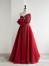 Burgundy Organza Spaghetti Straps Pearls Prom Dress